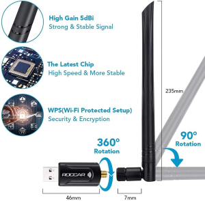 Wifi USB Adapter （AC1200 Dual Band(5.8Ghz/Max 867Mbps & 2.4Ghz/Max 300Mbps), Wifi Dongle with 5Dbi High Gain Antenna, USB 3.0 Wifi Adapter for Wps，Support Windows, Mac Os X 10.6-10.15