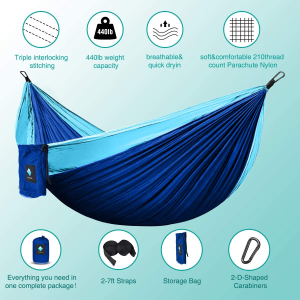 Hammock Camping Portable Single Hammocks for Outdoor Hiking Travel Backpacking – 210D Nylon Tree Tent Swing Beds for Backyard & Garden Hammock 55”W108”L (Blue/Sky Blue)