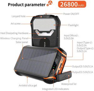 ZHONGHANG Newest 26800Mah Solar Power Bank with Dual Input and 3 Output Ports (Type C 3.1A + Micro USB 3.1A) IP66 Waterproof Large Capacity Portable Charger Qi Wireless Charger Solar Charger, Quick Charging and Recharging External Battery Packs for Nintendo Switch, Samsung Galaxy, Iphone 12/11/X Ipad, Tablets and More