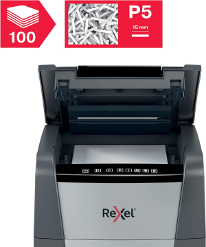 Rexel Optimum Auto Feed+ 100 Sheet Automatic Micro Cut Paper Shredder, P-5 Security, Home/Home Office, 34 Litre Removable Bin, 2020100MAU