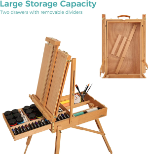 VISWIN French-Style Easels, Holds Canvases up to 34″, Studio & Field Sketch Box Easel with Level Instrument & Scale Leg, Beech Wood Portable French Easel Stand for Painting, Sketching