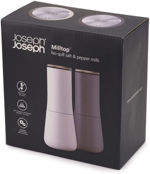 Joseph Joseph Milltop Non-Spill Salt and Pepper Mill Set Refillable with Ceramic Grinding, White/Grey