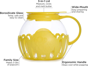 Ecolution Patented Micro-Pop Microwave Popcorn Popper with Temperature Safe Glass, 3-In-1 Lid Measures Kernels and Melts Butter, Made without BPA, Dishwasher Safe, 3-Quart, Yellow