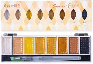 Superior Metallic Watercolor Paint Set- 8 Shimmering Full-Pan Gold Colors with Water Brush- Artist Grade, Highly Pigmented Colors, Customizable Pan for Adults, Professionals, Beginners, Artists