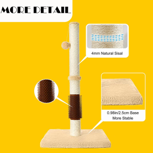 OMIPAWZ 32″ Cat Scratching Post,Sisal Rope Cat Scratcher with Self Groomer Brush, Tall Cat Claw Scratching Post with Hanging Ball (Brown)