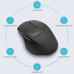 RAPOO MT550 Multi Device Wireless Mouse, Bluetooth 5.0/3.0 and 2.4Ghz Tri-Mode Connection, Support 4 Devices,6 Programmable Buttons, 4 DPI Optical Mice for Laptop, Macbook, PC, Windows, Tablet