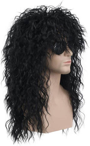 Karlery 70S 80S Rocker Metal Wig Mens Long Curly Black Party Wig Halloween Costume Anime Wig