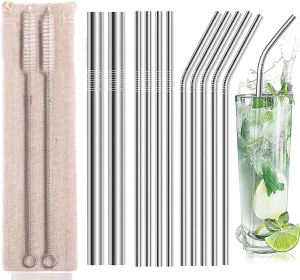 T Tersely 13Pcs Reusable 304 Stainless Steel Straws with Bag- Various Metal Straw with 4 Straight 5 Bent 2 Boba Straw 2 Cleaning Brushes – Eco Friendly Drinking Straws for Great Christmas Gifts