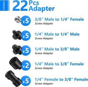 NEEWER 22-Pack Tripod Adapter Set， 1/4″ to 1/4″， 1/4″ to 3/8″ Male Female Thread Converter for Tripod， Monopod， Camera， Ball Head， Speedlite， Ring Light – ST29