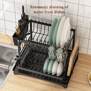 REASOR 2 Tier Dish Drying Rack Set, 360 Degree Rotating Drainer,Rustproof Cutlery Rack for Kitchen Countertop with Draining Board, Cutting Board Holder, Cup Holder, Cutlery Rack