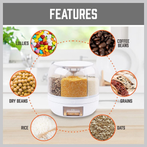 HORUSDY 6In1 Rotating Grain Dispenser, 6 Compartment 360° Rotating Rice Storage Cereal Container Box Kitchen Food Divided Case with Measure Cup, 10KG Capacity