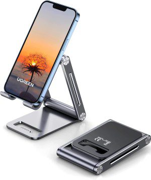 UGREEN Cell Phone Stand Adjustable Aluminum Mobile Phone Holder for Desk Compatible with Iphone 15 Pro Max 14 13 12 11 X 8 plus 6 7 6S, Samsung Galaxy S23 S22 S21 S20 S10 S9 Smartphone Foldable Grey