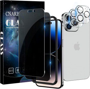 [2+2 Pack] Cnarery Privacy Screen Protector for Iphone 14 Pro with Alignment Frame, 2 Pack Full Coverage Privacy Tempered Glass Screen Protector and 2 Pack Camera Lens Protector[Easy Installation]