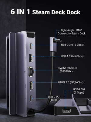 UGREEN Steam Deck Dock, 6-In-1 USB C Docking Station with 4K@60Hz HDMI, Gigabit Ethernet, PD 100W Charging, 1Xusb C, 2X USB 3.0 Aluminum Steam Deck Stand Accessories Compatible with Valve Steam Deck