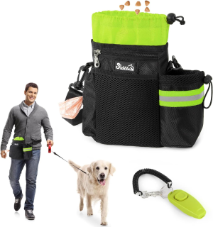 Slowton Dog Treat Pouch – Large Capacity Dog Training Bag with Poop Bag Dispenser and Water Bottle Holder, Clasp & Waist Belt Clip &Shoulder Strap – 3 Ways to Wear Hands-Free Snack Bag for Kibble Food