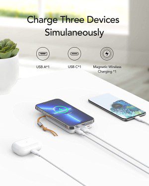 VRURC Magnetic Power Bank, 10000Mah Wireless Portable Charger, 20W Fast Charging with USB-C, Battery Pack for Iphone 15/15 Plus/15 Pro/15 Pro Max, Iphone 14/13/12 Series with Finger Holder, White