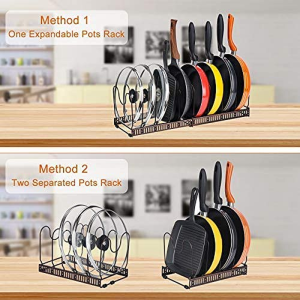 Toplife Expandable Pans Organizer Rack, 10 Adjustable Compartments, Cookware Holder for Pantry or Cabinet, Black