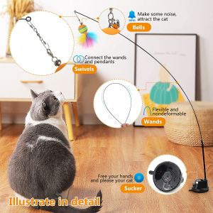 Hianjoo Cat Feather Toys, Interactive Teaser Cat Wand Toy Set 15 Pcs, 2 Upgraded Powerful Sticky Suction Cup with Flexible Wands 2 Connector 11 Replacement Pendants Having Fun Chasing Exercise Playing