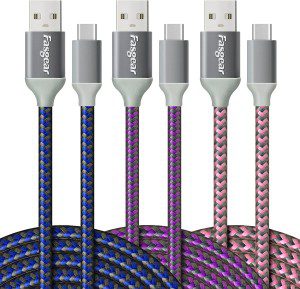 USB C Cables 3M – 3-Pack Fasgear Braided Durable Fast Charging USB 2.0 Type C Cords Compatible for Galaxy S21/S20 Ultra/Note 10/A10, Moto Z2, LG V30/G6 & Other USB-C Devices (Blue,Purple,Pink)