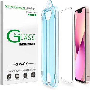 Amfilm 2 Pack Onetouch Glass Screen Protector Compatible with Iphone 13 Mini (5.4″) with Easy Installation Kit, Case Friendly