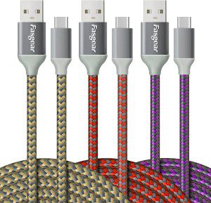 USB C Cables 3M – 3-Pack Fasgear Braided Durable Fast Charging USB 2.0 Type C Cords Compatible for Galaxy S21/S20 Ultra/Note 10/A10, Moto Z2, LG V30/G6 & Other USB-C Devices (Blue,Purple,Pink)