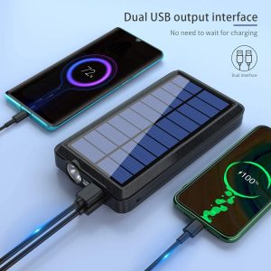 Solar Power Bank 30000Mah Built-In Type-C&Micro 3 Output Cables and 1 USB Input Cable, with 2 Input and 2 Output Ports, Wireless Charger Solar Charger for Iphone, Ipad, Samsung, Google, Game Console