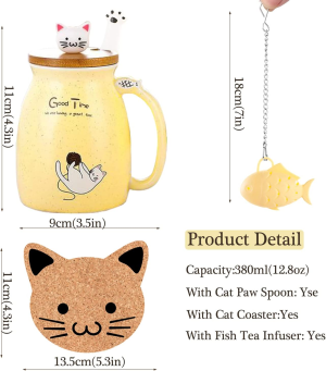 Cat Mug Cute Ceramic Coffee Cup with Lovely Kitty Wooden Lid Stainless Steel Spoon,Novelty Morning Cup Tea Milk Christmas Mug 380ML (Yellow)