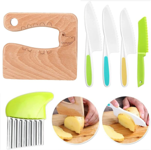 Taicols Kids Cooking Cutter Set, 8 Pcs Kids Knife Set, Kids Safe Knives Set, Wooden Kids Kitchen Knife, Toddler Kitchen Cutter Set Montessori Kitchen Tools for Toddlers Chopper Cutting Fruit Vegetable