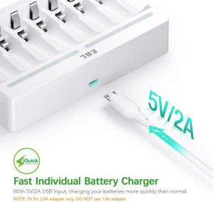 EBL 9010 AA AAA Battery Charger – Independent 8 Bay Charger with High Charging Speed for 1.2V Ni-Mh Ni-Cd Rechargeable Batteries（Usb Cable Provided）