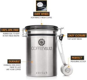 Zurich Coffee Vault Coffee Canister Airtight Freshness Protected. Coffee Canister with Scoop