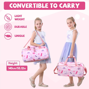 Duffle Bag for Girls,Vaschy Cute Large Travel Bag for Kids Toddler Children Overnight Duffel Ballet Dance Sport Carry on Weekender Bag with Shoes Compartment Dry Wet Pocket Pink Dinosaur