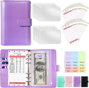 A6 PU Leather Budget Binder System with Cash Envelopes for Budgeting, Money Saving Binder Organizer for Cash with Zipper Pockets and Budget Sheets (Purple)