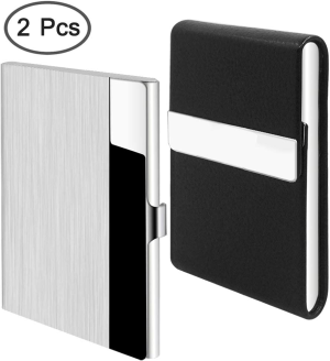 2 Pcs Professional Business Card Case, SENHAI Stainless Steel & PU Leather Business Card Holder with Magnetic Shut Pocket Name Credit ID Card Case for Men and Women