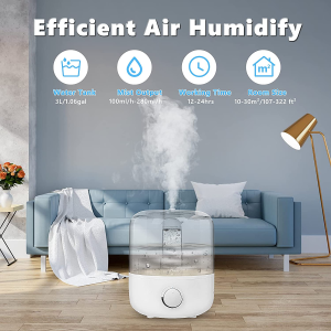 Humidifier for Large Room, 3L Air Humidifier for Bedroom, Aroma Diffuser, Essential Oil Function, Ultrasonic Cool Mist, Lower Noise, Adjustable 360° Knob, Auto Shut-Off, Humidifiers for Any Rooms.