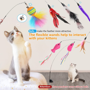 Hianjoo Cat Feather Toys, Interactive Teaser Cat Wand Toy Set 15 Pcs, 2 Upgraded Powerful Sticky Suction Cup with Flexible Wands 2 Connector 11 Replacement Pendants Having Fun Chasing Exercise Playing