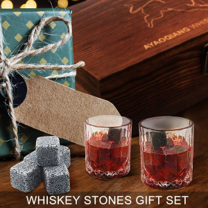 Whiskey Stones Gift Set – Whiskey Glass Set – 16 Granite Whiskey Rocks, 2 Crystal Whiskey Glasses, Drinking Gifts for Men Dad Husband Birthday Party Holiday Present -Scotch Glasses in Wooden Box