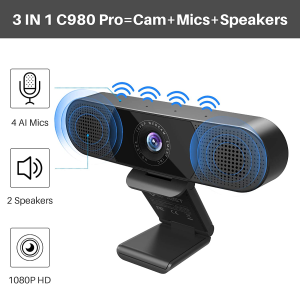 3 in 1 Webcam – EMEET C980 Pro Webcam with Microphone, 2 Speakers & 4 Built-In Omnidirectional Microphones Arrays, 1080P Webcam for Video Conferencing Streaming, Noise Reduction, Plug & Play, W/Cover