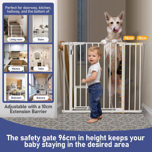 Adjustable Safety Gate Pet Dog Security Barrier Kid Safe Stair Fence Guard W/Extension Walk through Door 96Cm White