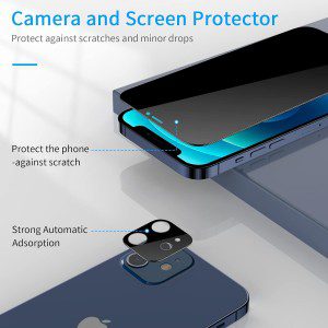 [2+2 Pack] Cnarery Privacy Screen Protector for Iphone 12 with Alignment Frame, 2 Pack Full Coverage Privacy Tempered Glass Screen Protector and 2 Pack Camera Lens Protector[Easy Installation]