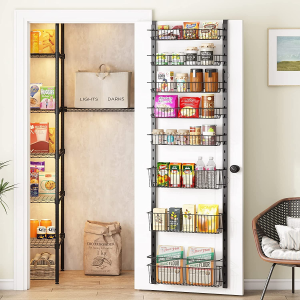 MOTYYA over the Door Pantry Organizer, 8-Tier Adjustable Baskets Pantry Organization and Storage, Metal Door Shelf with Detachable Frame, Space Saving Hanging Spice Rack for Kitchen Pantry Bathroom