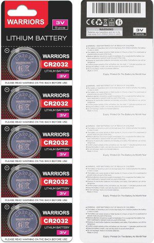 Warriors 2032 CR2032 Coin Button Cell 3V 3 Volt Lithium Batteries 5X Retail Pack Compliant with Coin Battery Safety Standards 2020