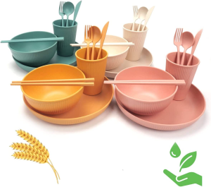 WFPOWER 28Pcs Wheat Straw Dinnerware Serving Set (Bowls, Cups, Plates, Chopsticks, Forks, Spoons) Perfect for Camping Picnic RV Dorm Lightweight Unbreakable Microwave & Dishwasher Safe (Plain)