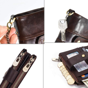 Men Purse Wallet RFID Blocking Real Leather Ladies Purses with Chain Multi Compartment Purses for Women with Double Zip, Small Bifold Ladies Wallets with Coin Pocket 16 Card Holder (Coffee)