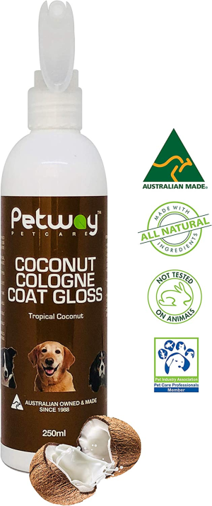 Petway Petcare Coconut Cologne Coat Gloss for Dogs and Puppies, Natural Cologne Spray with Coconut for Conditioning, Dog Gloss with Deodoriser, Pet Odor Eliminator and Dog Grooming Spray, 250Ml