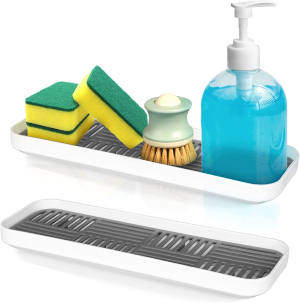 Sink Soap Tray 2 Packs, Sponge Holder with Detachable Drain Tray, Double Layer Sink Organiser for Kitchen Counter/Bathroom, Dish Soap Bottle,Soap Dispenser, Grey+White