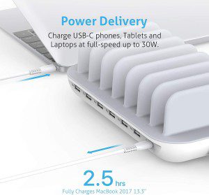 Soopii 70W 7 Port Charging Station for Multiple Devices,7 Short Cables Included, Charger Station with One 30W Power Delivery Port for Laptops,And 6 USB Ports for Smart Phones,Tablets,Other Electronics