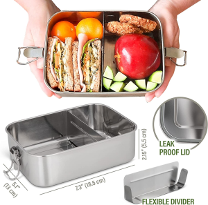 Stainless Steel Lunch Box with Bag | Removable Bento Divider | Leak Proof Lid | Container for Salads, Snacks, Leftovers | plus Lunch Box Ideas Recipe Book | Medium Size