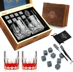 Whisky Stones Glasses Gift Set, 2 Crystal Bourbon Scotch Glasses 8 Whiskey Granite Chilling Rocks, Premium Wooden Gift Box Burbon Present for Whisky Lovers/Men/Christmas/Birthday/Holiday/Retirement/Father’S Day