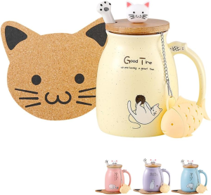 Cat Mug Cute Ceramic Coffee Cup with Lovely Kitty Wooden Lid Stainless Steel Spoon,Novelty Morning Cup Tea Milk Christmas Mug 380ML (Yellow)