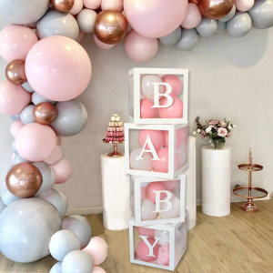 Baby Shower Decorations Balloon Boxes for Boy Girl, 4Pcs White Transparent Baby Balloon Boxes Blocks with 27 Letters, Baby Boxes for Baby Shower, Christening, Gender Reveal, Birthday Party Decorations